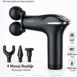 Auhma Amg18 Çift Başlıklı Şarjlı Masaj Tabancası - 6 Kademeli 3200 RPM Titreşimli Masaj Aleti