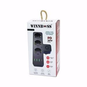 WINNBOSS-3397 SİYAH TERMAL AKIM KORUMALI  ( 3XPRİZ ) ( 3XUSB ) (1XTYPE-C) DUVAR TİPİ PRİZ*40